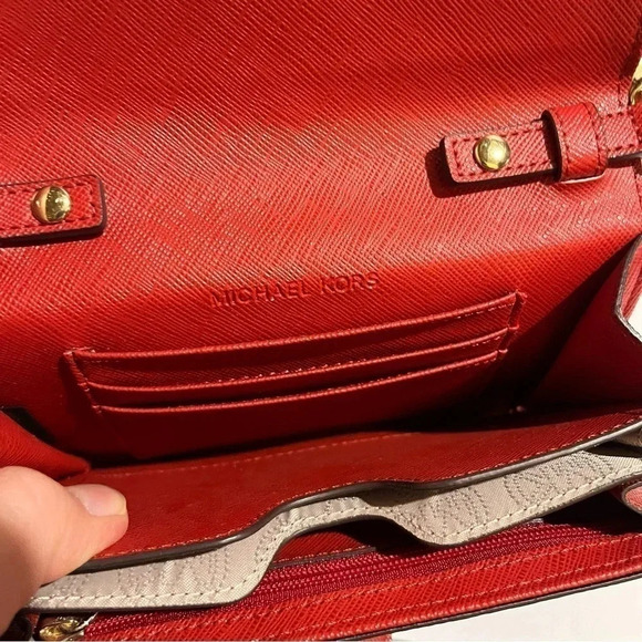 Michael Kors Cross Grain Leather Red Crossbody Goldtone Chain Strap - Picture 8 of 10